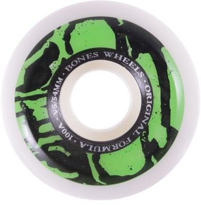 Bones 100's OG Formula V5 Sidecut Skateboard Wheels - white/green mummy skulls (100a) - view large