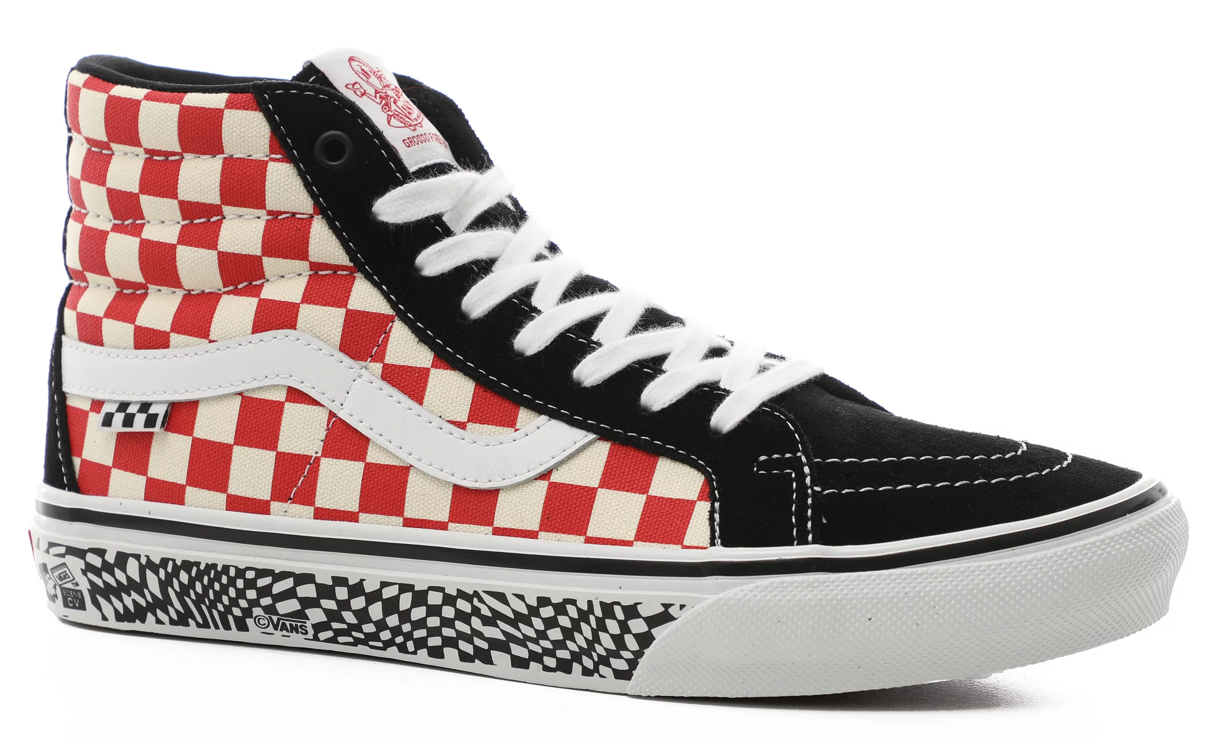 black checkerboard high top vans