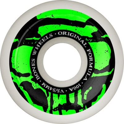 Bones 100's OG Formula V4 Wide Skateboard Wheels - white/green mummy skulls (100a) - view large