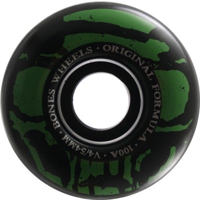 Bones 100's OG Formula V4 Wide Skateboard Wheels - black/green mummy skulls (100a) - view large